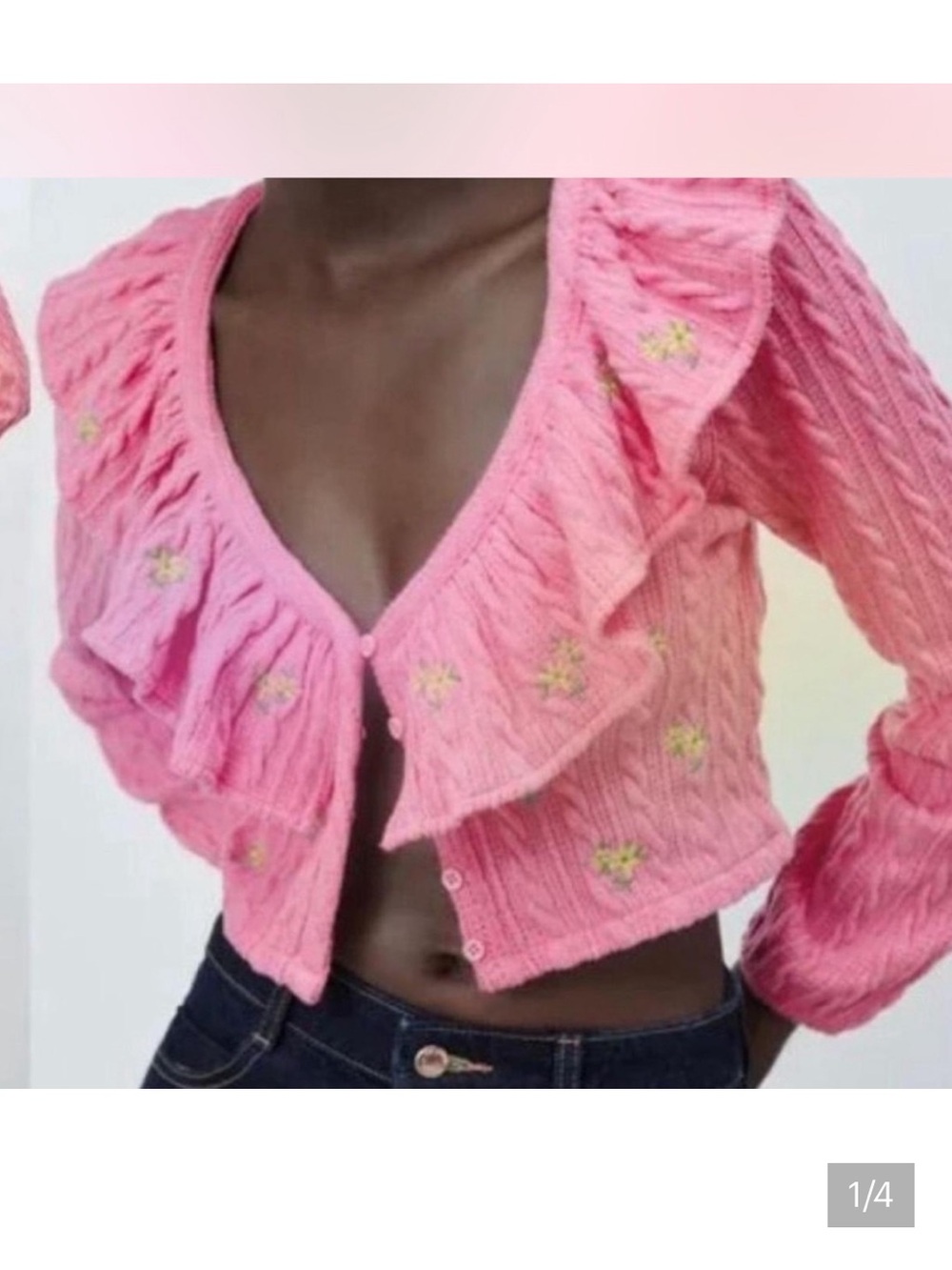 Zara Pink Ruffled Cable Knit Cropped Cardigan